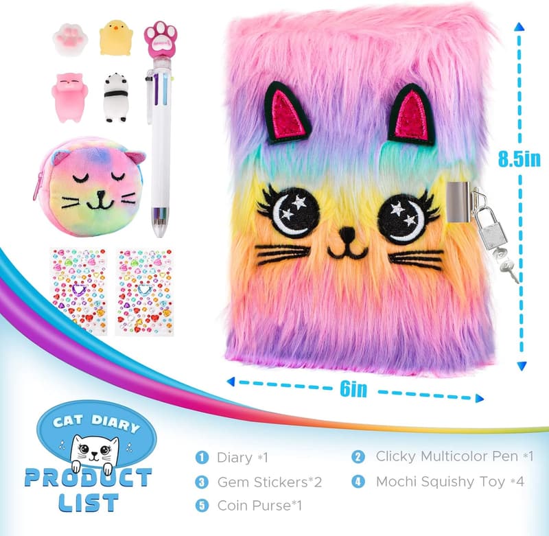 Cute Plush Cat Journal with Lock for Girls, 160 Pages