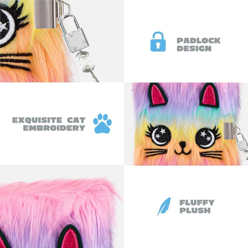 Cute Plush Cat Journal with Lock for Girls, 160 Pages