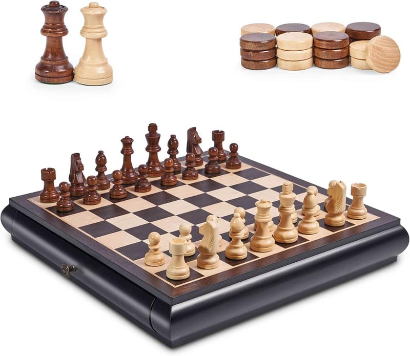 Large Wooden Chess Checkers Set with Storage - Birthday Gift
