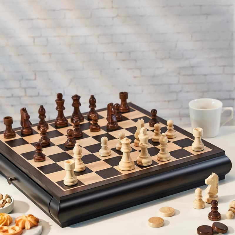 Large Wooden Chess Checkers Set with Storage - Birthday Gift