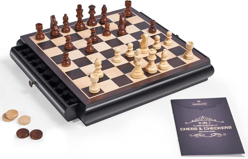 Large Wooden Chess Checkers Set with Storage - Birthday Gift