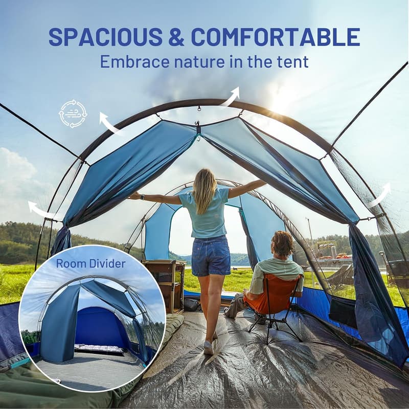 8-Person Waterproof Camping Tent with Porch & Room Divider