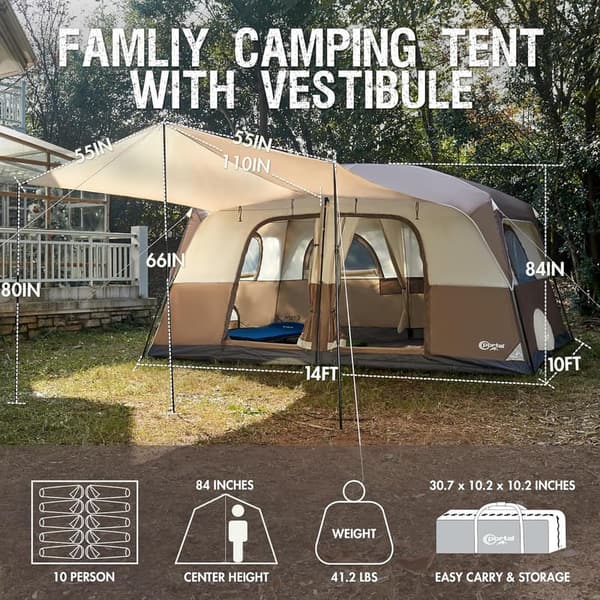 Family Camping Tent for 6-10 People with Porch & Water Resistance