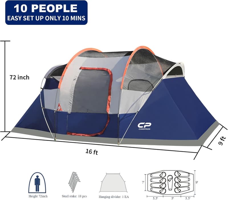 10-Person Waterproof Family Cabin Tent with Rainfly and Mesh Windows