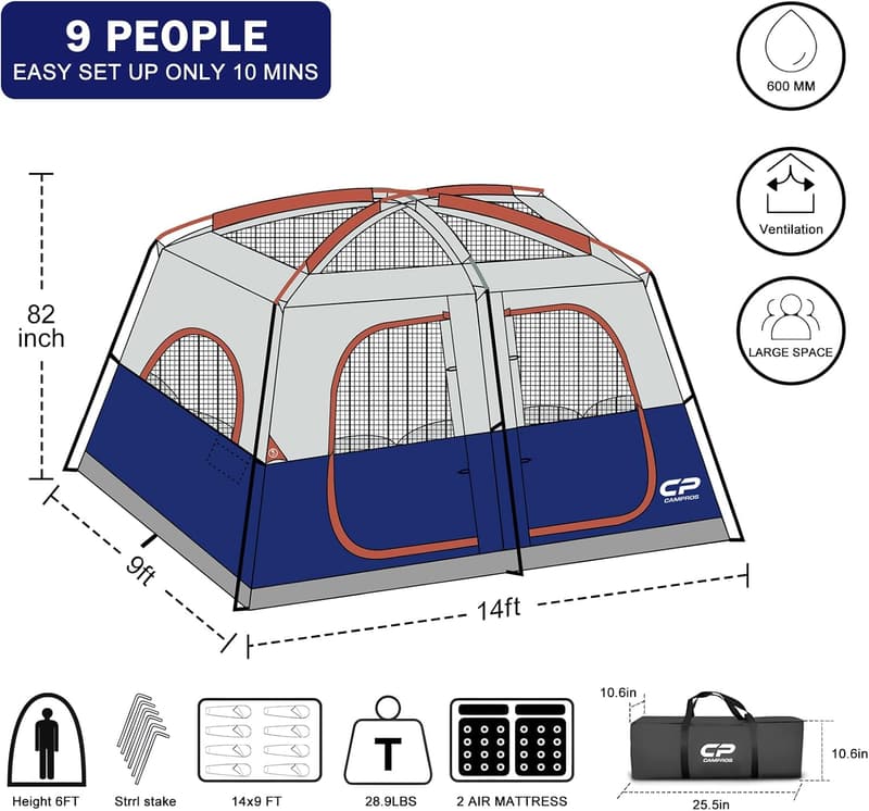 10-Person Waterproof Family Camping Tent with Rainfly