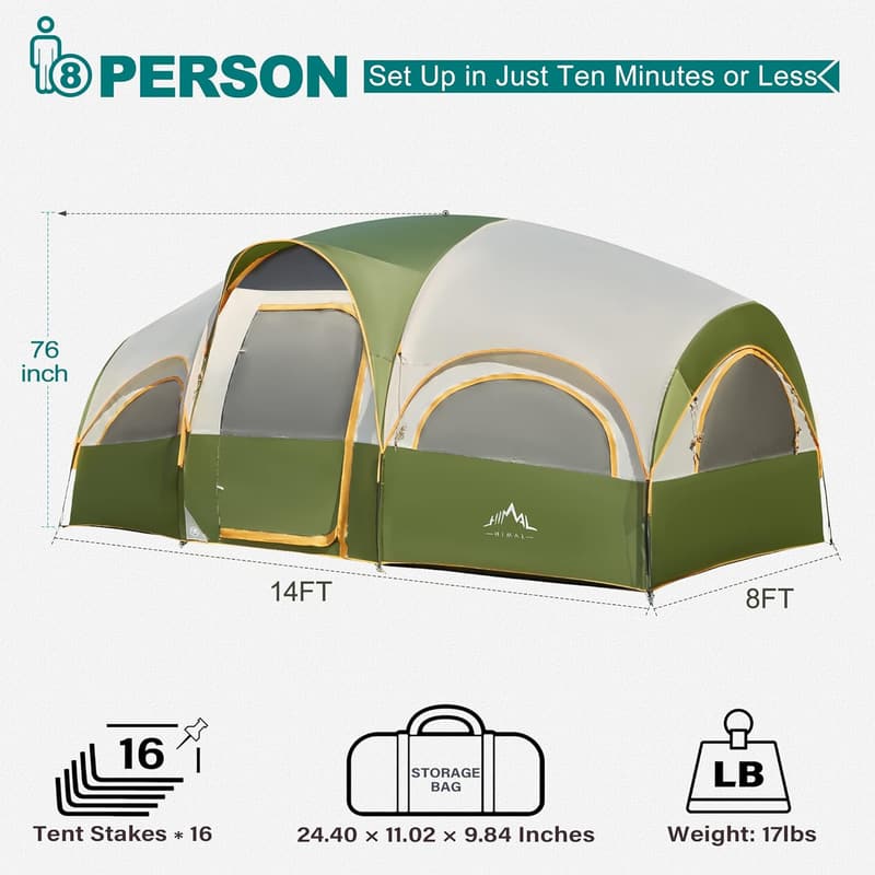 Waterproof 8-Person Family Camping Tent with Rainfly
