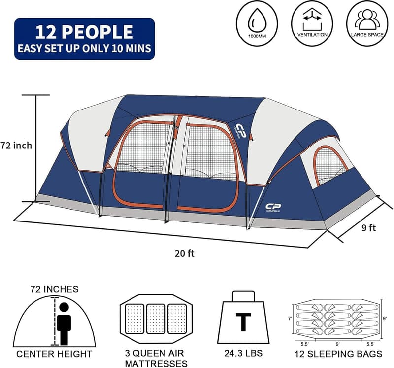 12-Person Waterproof Family Camping Tent with 3 Rooms
