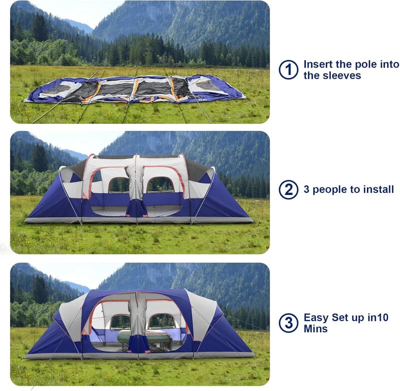 12-Person Waterproof Family Camping Tent with 3 Rooms
