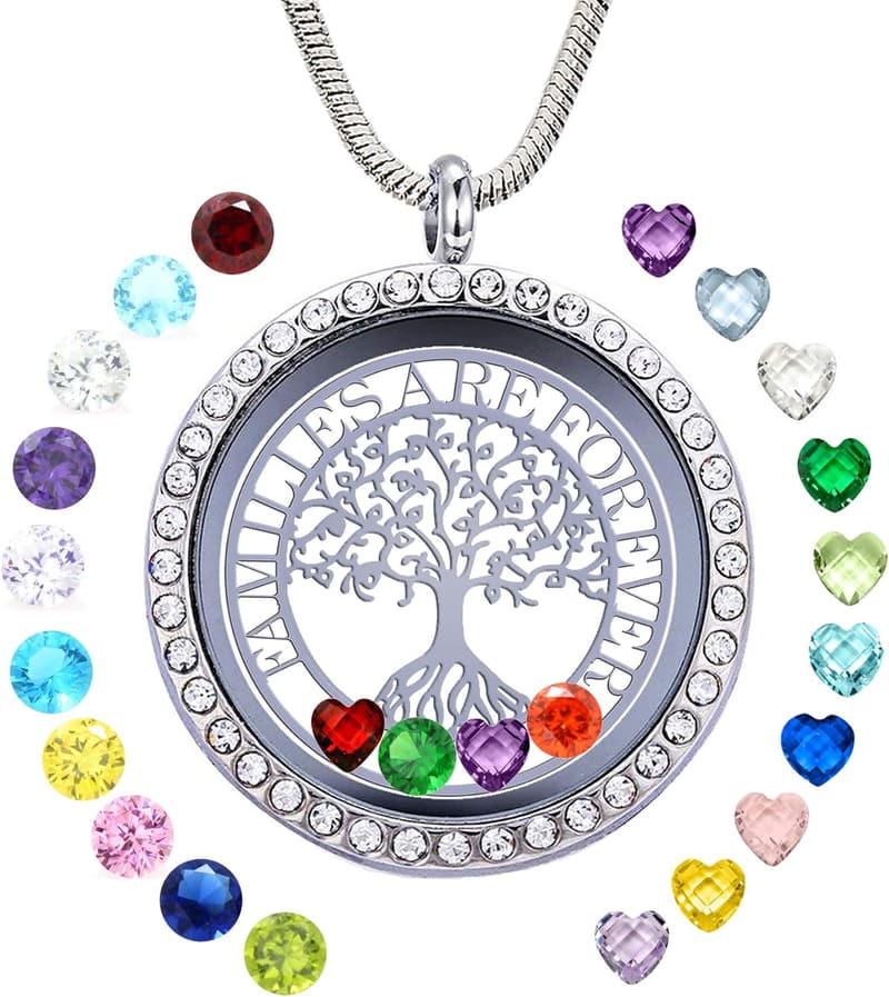 Family Tree of Life Floating Locket Necklace with 24 Birthstones