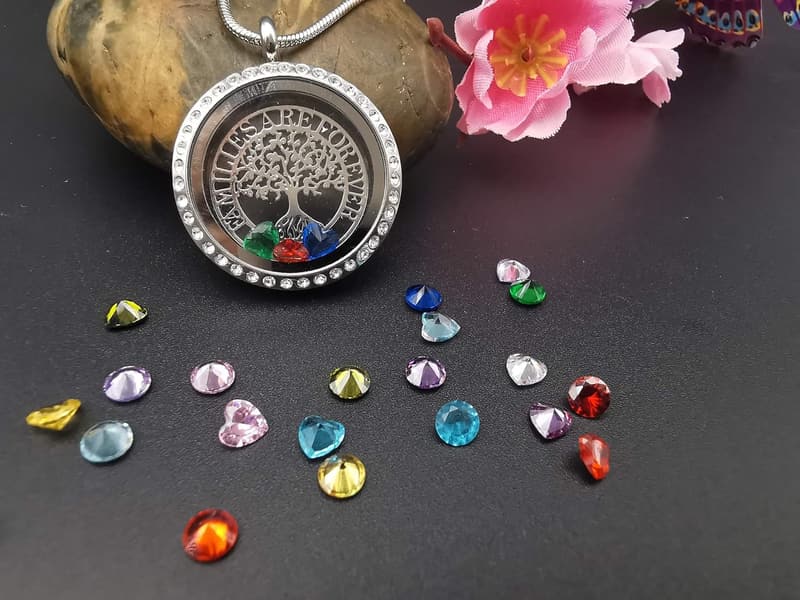 Family Tree of Life Floating Locket Necklace with 24 Birthstones