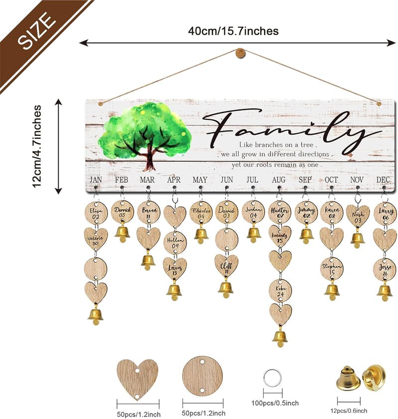 Birthday Tracker Wooden Family Tree Calendar Wall Decor