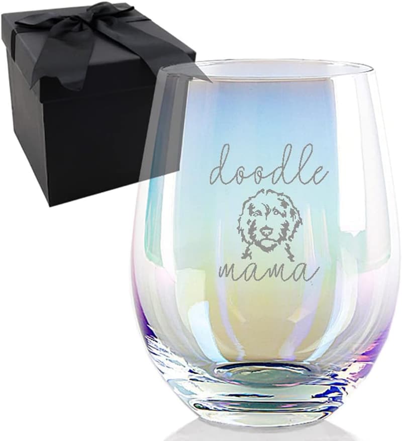 Handmade Rainbow Etched Wine Glass for Doodle Moms