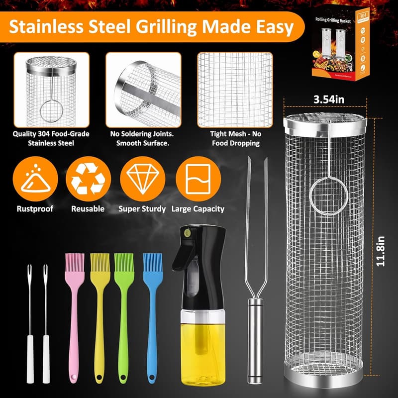 Portable Stainless Steel BBQ Grill Basket Set for Fish & Veggies