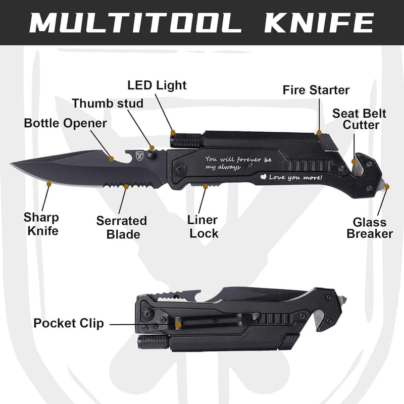 Engraved Pocket Knife Gift for Him - 7-in-1 Multitool