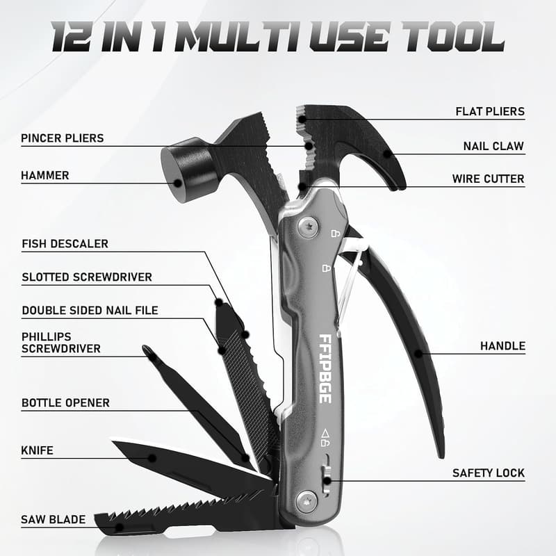 12-in-1 Hammer Multitool for Dad - Durable with Sheath