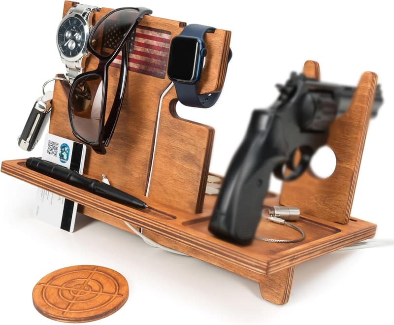 Gun Tray Organizer with Watch Charger - Wooden Nightstand Holder for Him