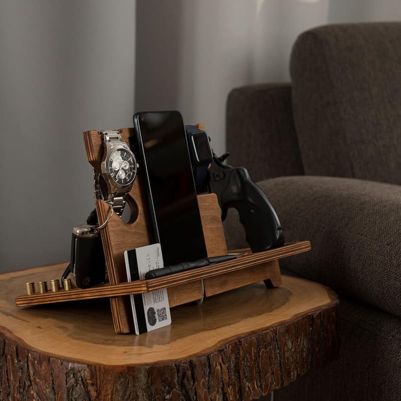 Gun Tray Organizer with Watch Charger - Wooden Nightstand Holder for Him