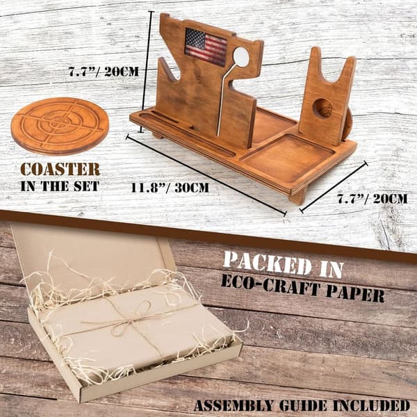 Gun Tray Organizer with Watch Charger - Wooden Nightstand Holder for Him