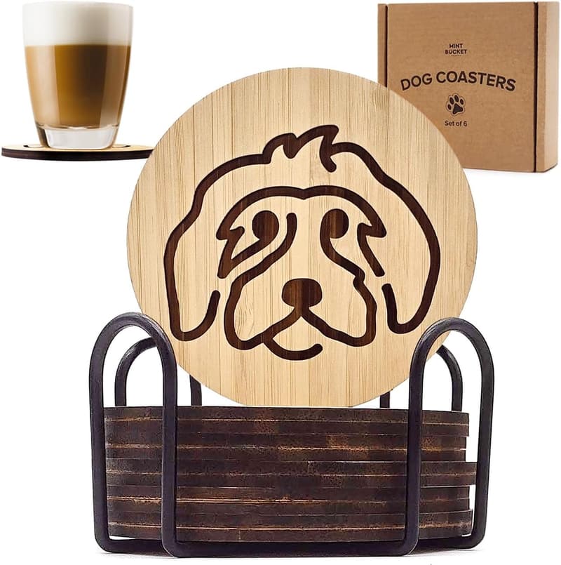 Engraved Dog Coaster Set with Holder - 6 Non-Stick Bamboo Coasters