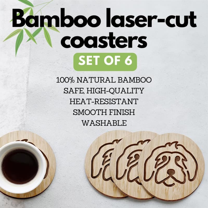 Engraved Dog Coaster Set with Holder - 6 Non-Stick Bamboo Coasters