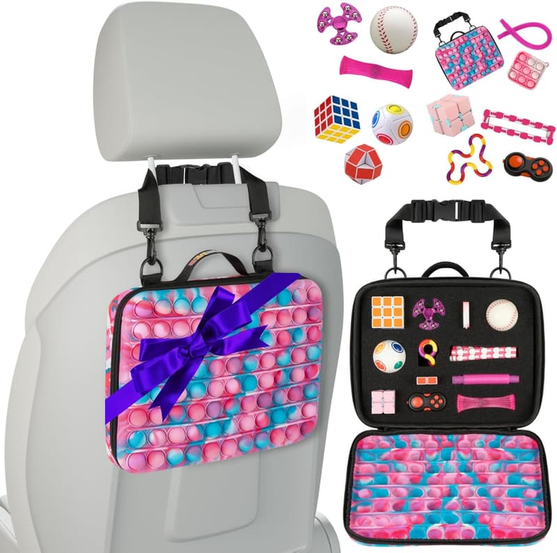 Travel Fidget Toy Case Set for Kids – 12 Sensory Toys, Pink