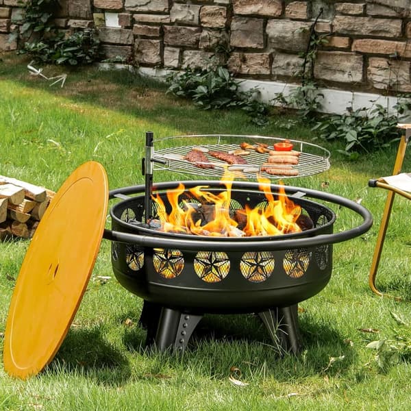 32-Inch 3-in-1 Fire Pit with Grill and Metal Lid for Outdoor Use