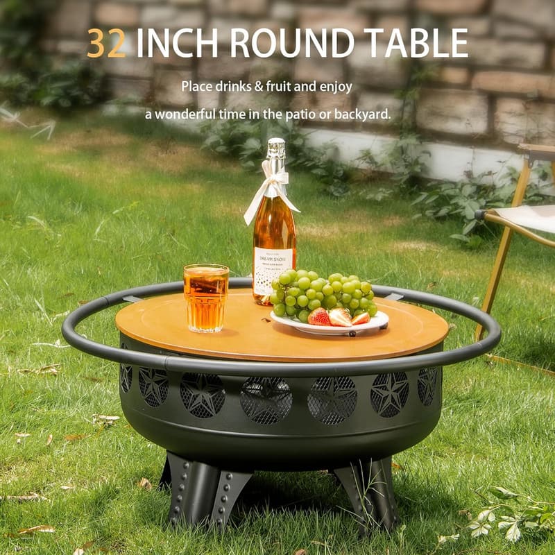 32-Inch 3-in-1 Fire Pit with Grill and Metal Lid for Outdoor Use
