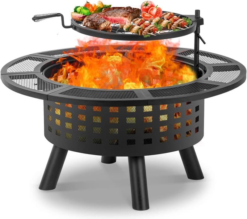 Outdoor Fire Pit Table with Grill & Lid - 36 inch, Metal 3-in-1