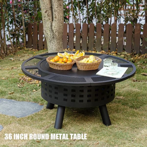 Outdoor Fire Pit Table with Grill & Lid - 36 inch, Metal 3-in-1