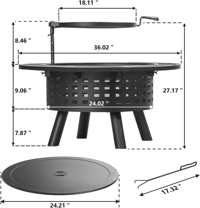 Outdoor Fire Pit Table with Grill & Lid - 36 inch, Metal 3-in-1