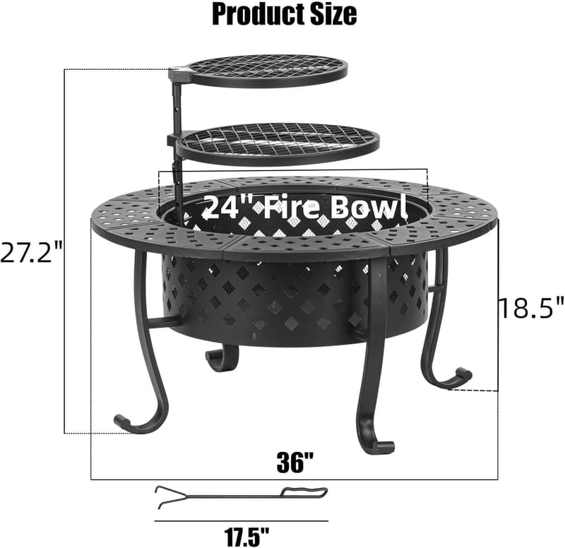 36-Inch Wood Burning Fire Pit with BBQ Grills & Lid