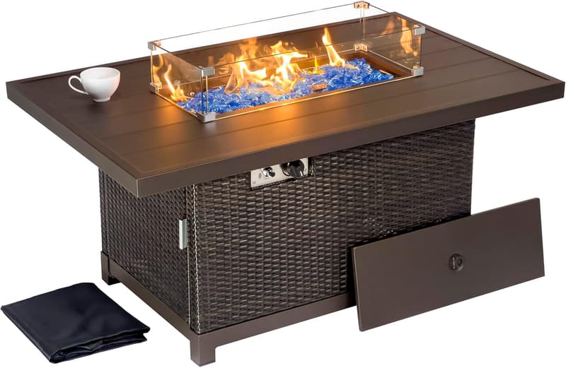 Brown Rattan Propane Gas Fire Pit Table with Wind Guard