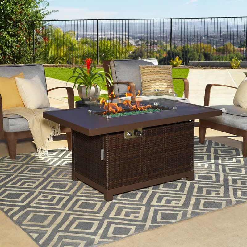 Brown Rattan Propane Gas Fire Pit Table with Wind Guard