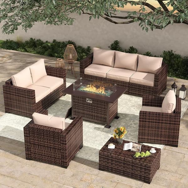 Outdoor 8-Piece Wicker Sectional Sofa Set with Fire Pit Table
