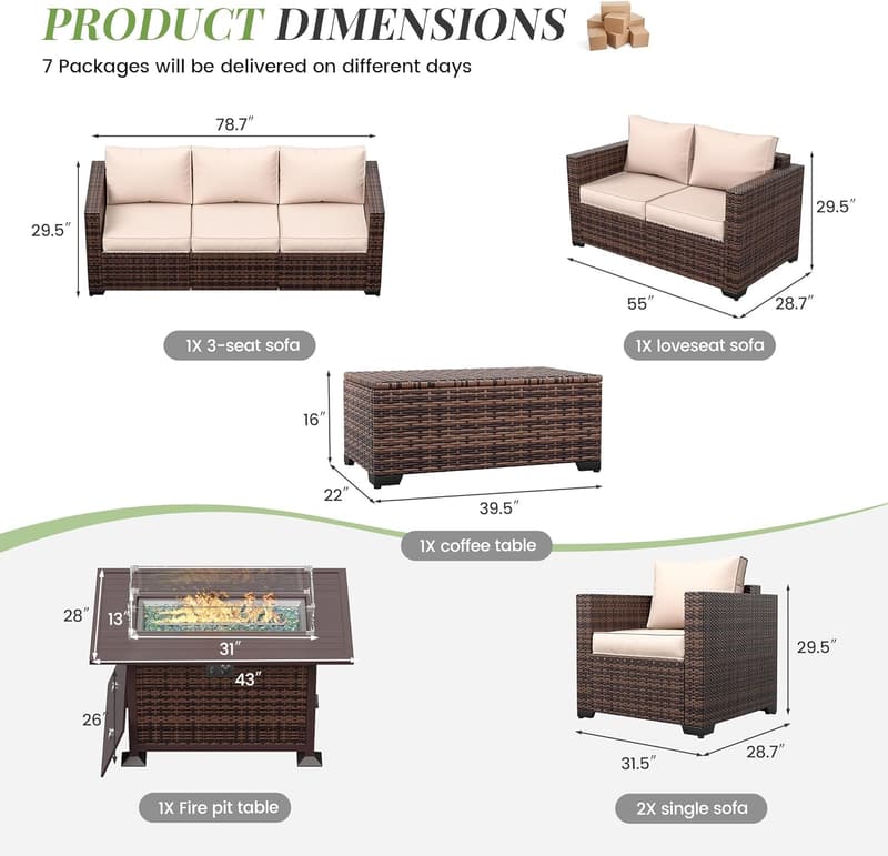 Outdoor 8-Piece Wicker Sectional Sofa Set with Fire Pit Table