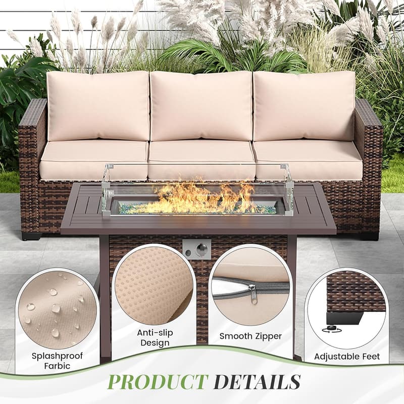 Outdoor 8-Piece Wicker Sectional Sofa Set with Fire Pit Table