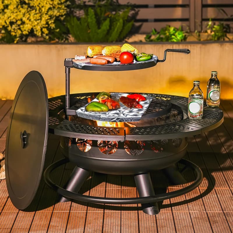 36-Inch Outdoor Fire Pit with Cooking Grills and Lid