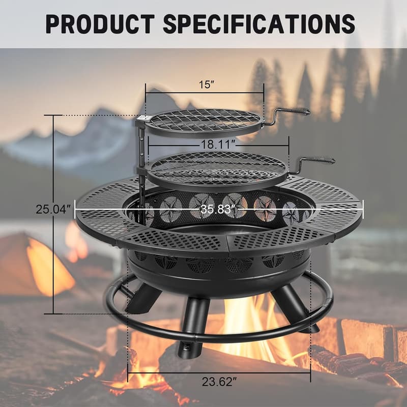 36-Inch Outdoor Fire Pit with Cooking Grills and Lid