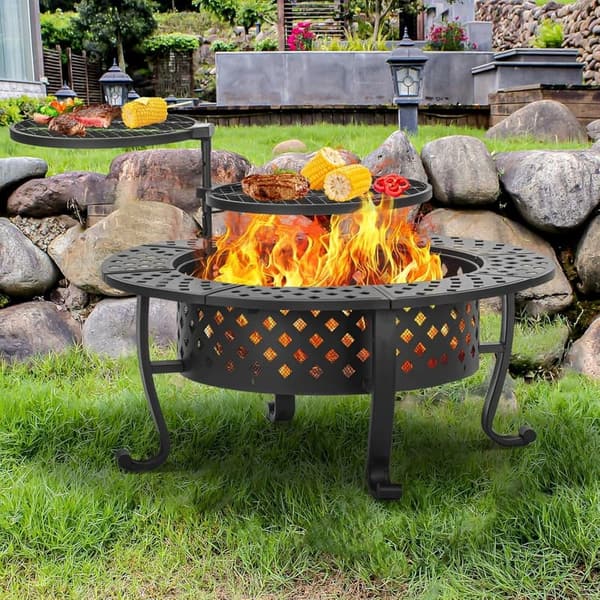 42 Inch Outdoor Fire Pit with BBQ Grills and Lid