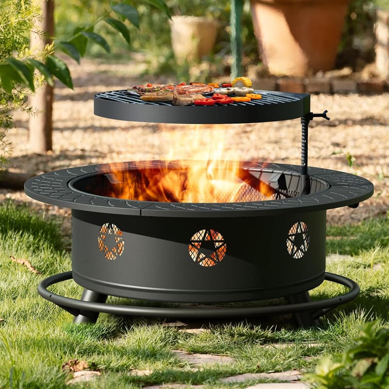 Outdoor 35-Inch Fire Pit with BBQ Grill & Lid