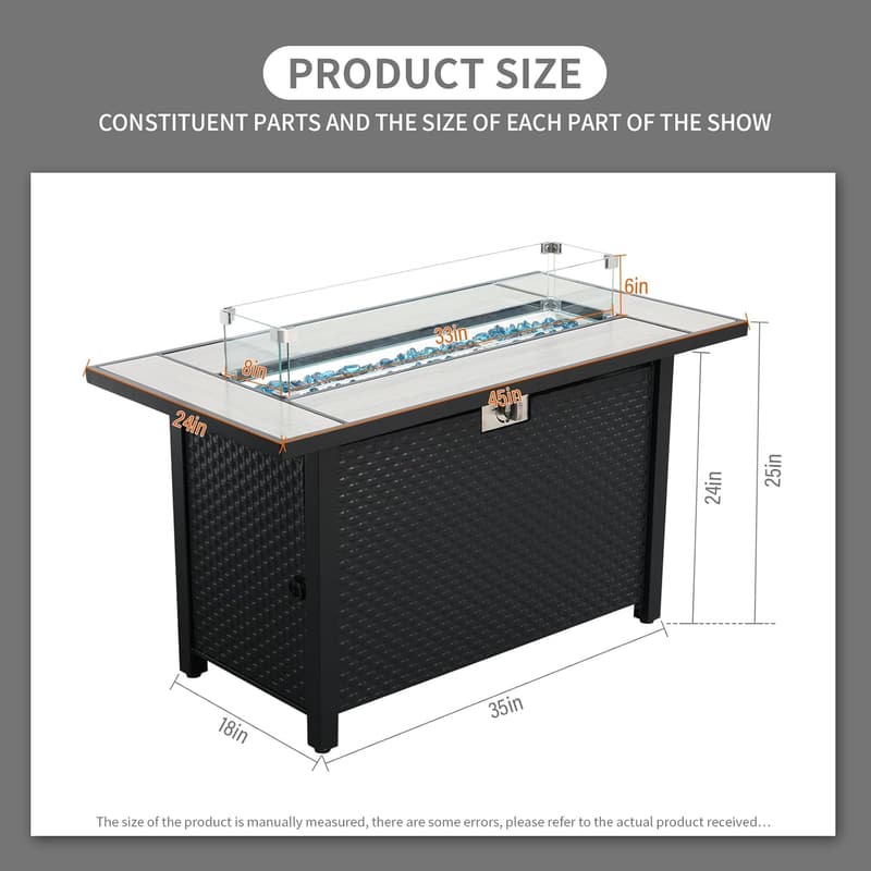Outdoor 45-Inch Gas Fire Pit Table with Glass Wind Guard