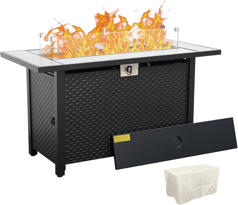 Outdoor 45-Inch Gas Fire Pit Table with Glass Wind Guard