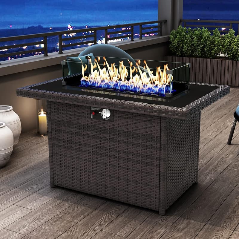 44 Inch Outdoor Propane Fire Pit Table with Glass Wind Guard