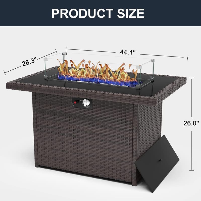 44 Inch Outdoor Propane Fire Pit Table with Glass Wind Guard
