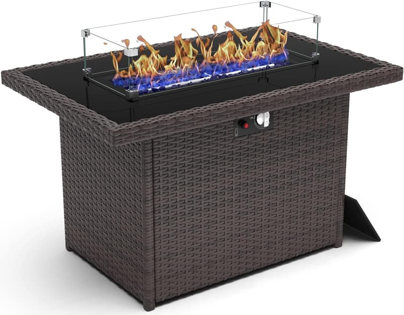 44 Inch Outdoor Propane Fire Pit Table with Glass Wind Guard