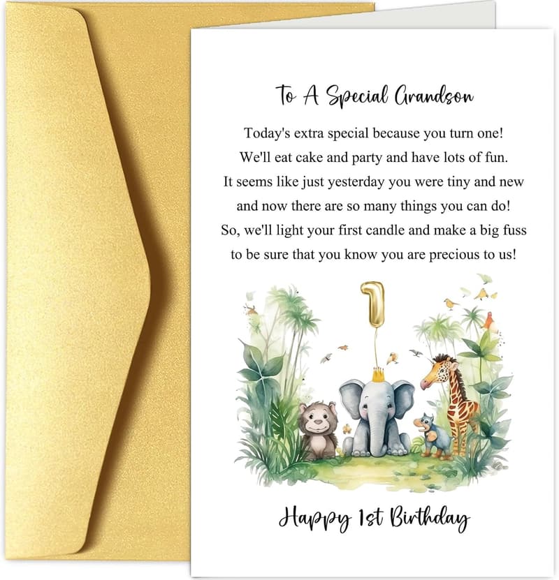 1st Birthday Card for Grandson - Cute Jungle Safari Design