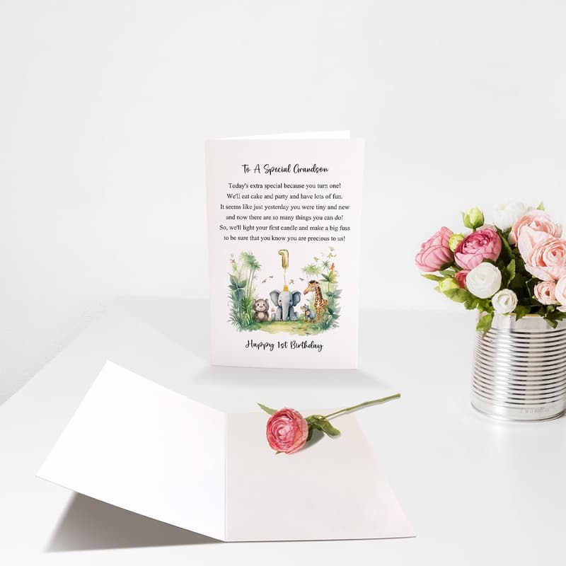 1st Birthday Card for Grandson - Cute Jungle Safari Design