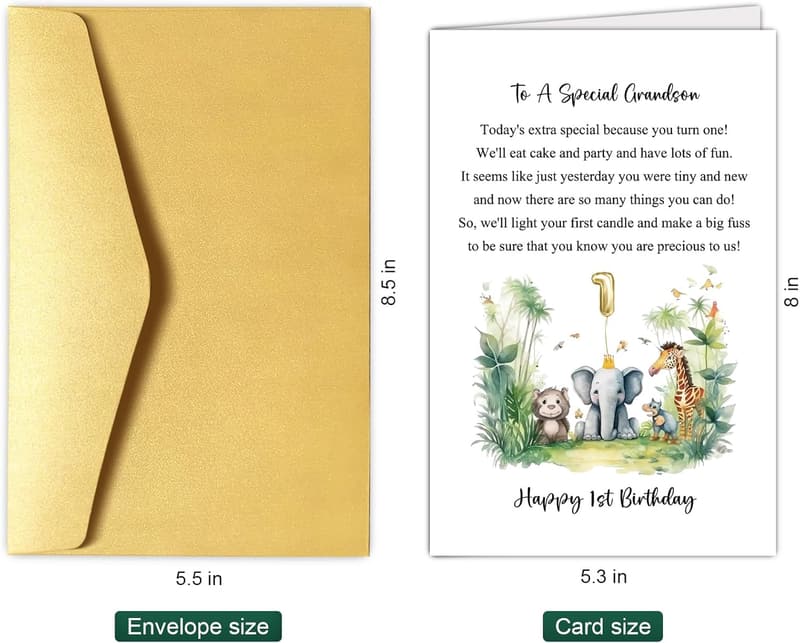 1st Birthday Card for Grandson - Cute Jungle Safari Design