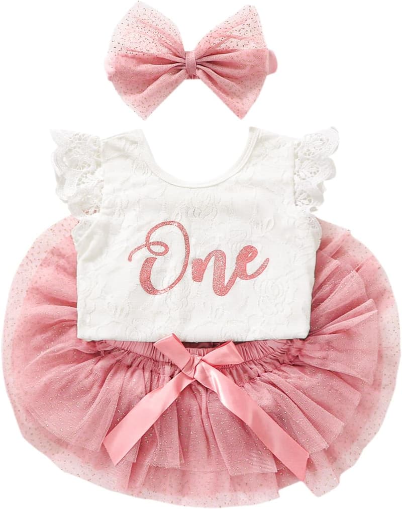 Baby Girls' 1st Birthday Cotton Romper & TuTu Set with Headband