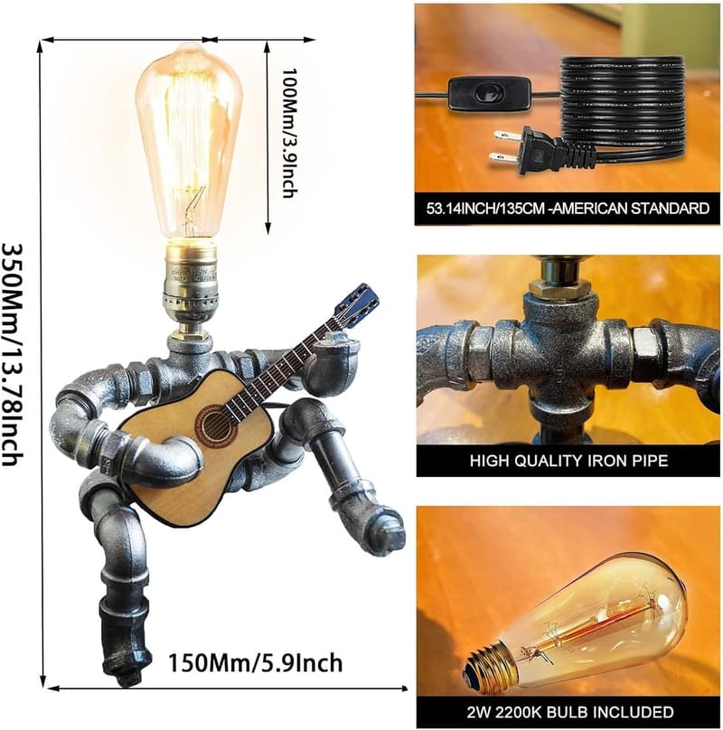 Guitar Table Lamp - Steampunk Industrial Decor for Music Lovers